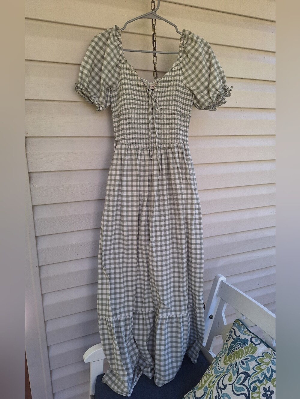 Gingham Smocked Maxi Dress in Sage Green